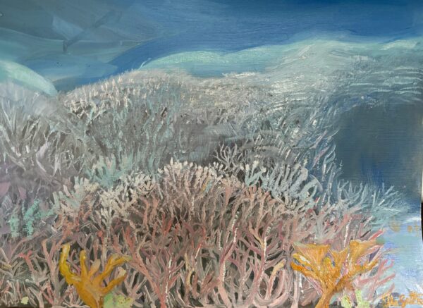 Kunstdruck "Corals under Water", farbenprächtige Korallen, Unterwasserwelt, hochwertige Giclée-Kunst, maritime Wanddekoration, ungerahmter Kunstdruck, moderne Kunst für Wohnzimmer, Büro oder Schlafzimmer, Ozean-Thema.