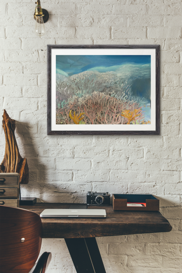 Kunstdruck "Corals under Water", brillante Korallen, Unterwasserlandschaft, hochwertiger Giclée-Druck, maritime Kunst, ungerahmt, Wanddekoration, Kunst für Wohnräume, farbenfrohes Ozeanmotiv.